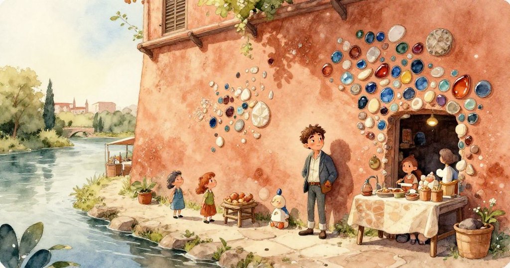 攤販舉起遮蓬,細看老牆上碎瓷馬賽克隨光影變化,展現歷史層次與時間流轉情景