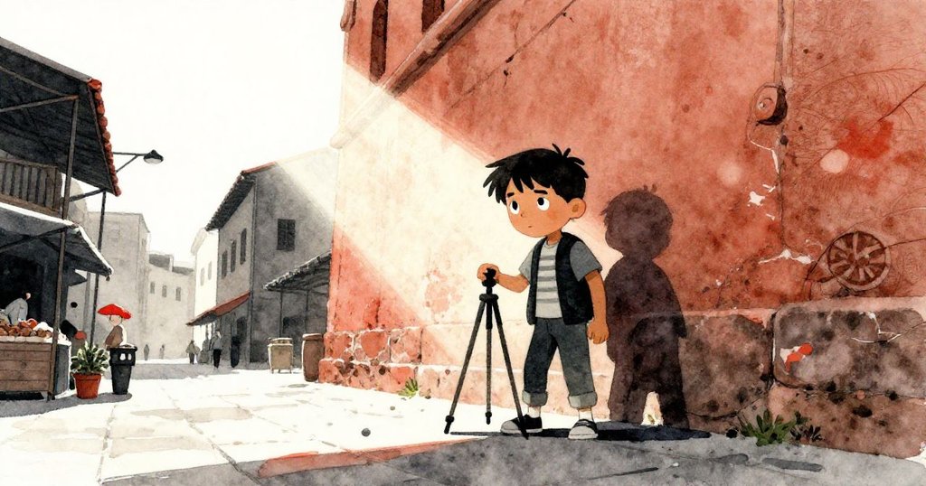 從低角度仰視馬泰奧,他正調整腳架捕捉陽光照射碎瓷牆,神情堅定充滿希望