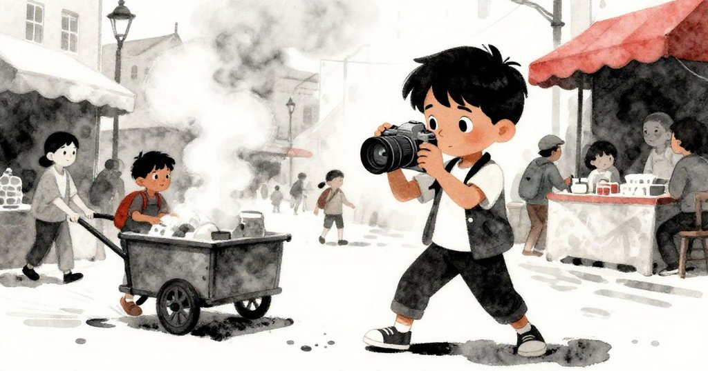 馬泰奧在繁忙市場中調整相機,手推車與蒸氣交錯而過,場景充滿動態挑戰與緊張感