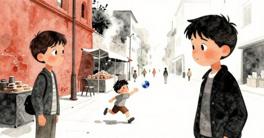 快門響後,一小男孩拿著鮮亮彈珠奔跑,馬泰奧滿意觀察市場延續故事,蒸氣繚繞著老牆