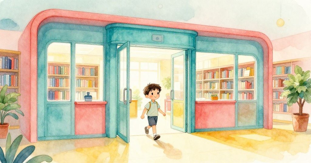 艾略特踏入現代圖書館大廳，穿過低語關閉的氣動門，臉上帶著期待與喜悅，背景溫暖明亮。