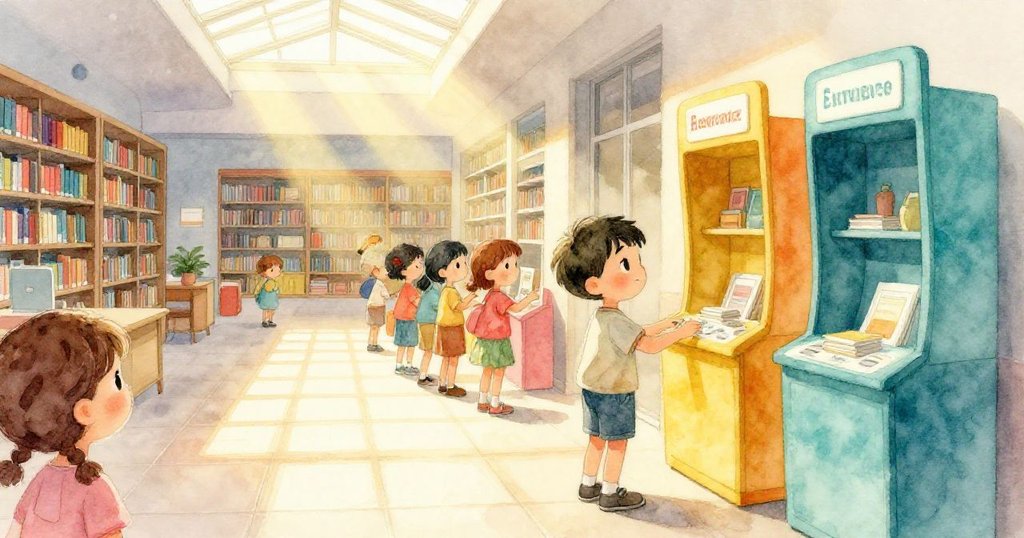 艾略特與其他讀者在金黃色天窗光影中等待，輕鬆互動中調整書本，背景大廳靜謐且充滿生活氣息。