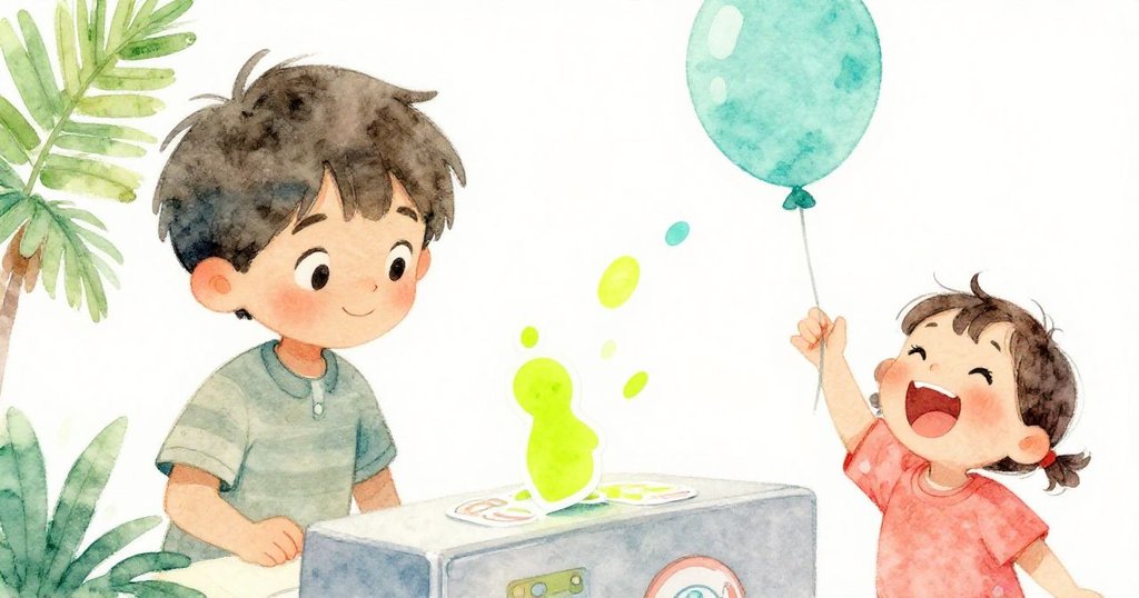 艾略特正將書本操作於機器時，突然貼紙落在書脊上，旁邊幼童舉著氣球嬉笑，場面溫馨且有趣。