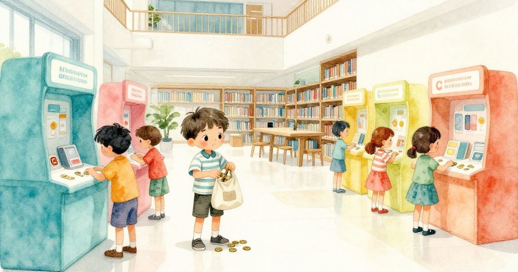 艾略特將黃銅令牌倒進畫布袋中，寬廣圖書館大廳中互換亭恢復平靜，結尾充滿成就與溫馨。