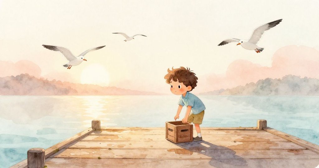 在木製碼頭早晨，Milo平衡著刻印舊痕的箱子，海鷗翱翔，陽光照射下水面似鏡，流露期待與活力。