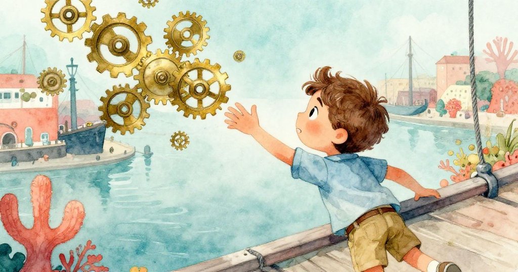 在搖擺橋上，Milo從肩後視角迅速伸手抓住落下的明亮齒輪，神情驚喜且緊張，展現動態畫面。