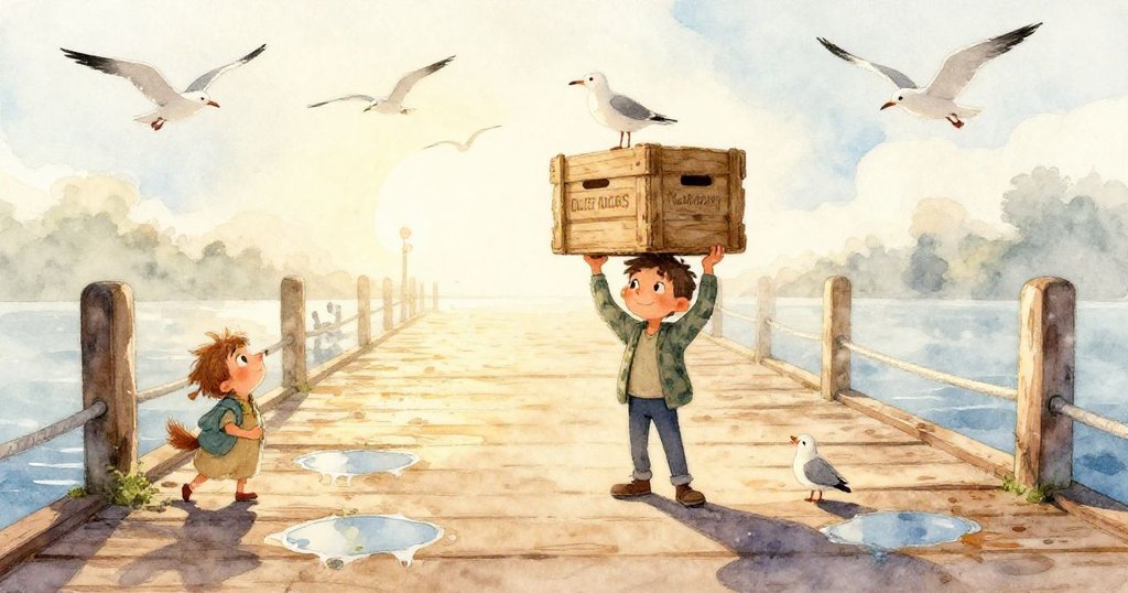 從高處俯瞰，繁忙港口中漁船、貨船與客船交織，搖橋緩移，晨光溫暖映襯出都市風采。