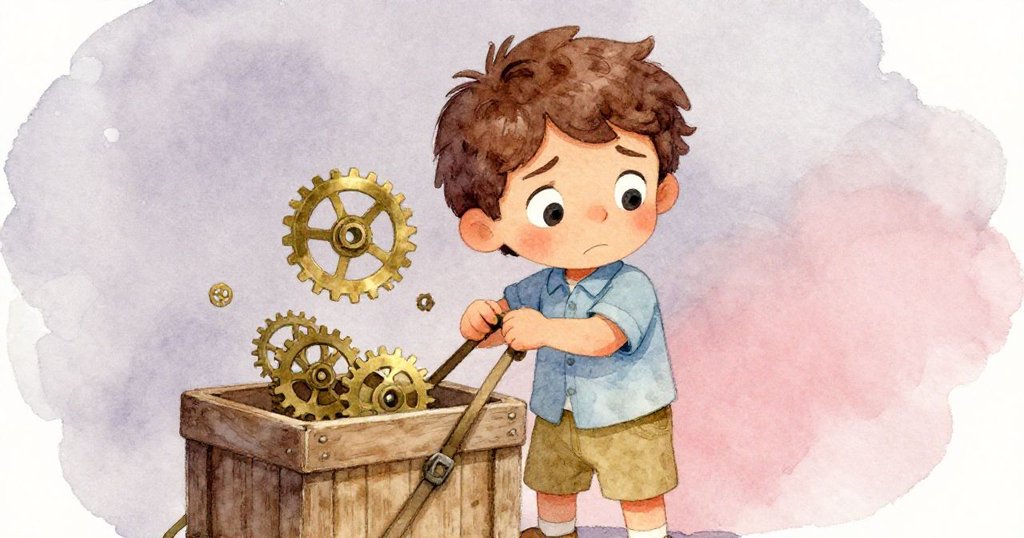 Milo緊繃表情中調整箱帶，細數落齒輪，眼神透露著堅定與一絲焦慮，畫面溫柔而真實。