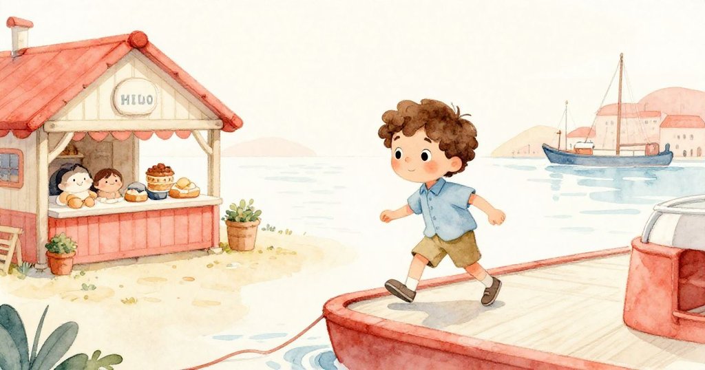 Milo登上碼頭，臉上露出放鬆笑容，遠望香氣四溢的麵包店與充滿希望的港口，象徵新起點。