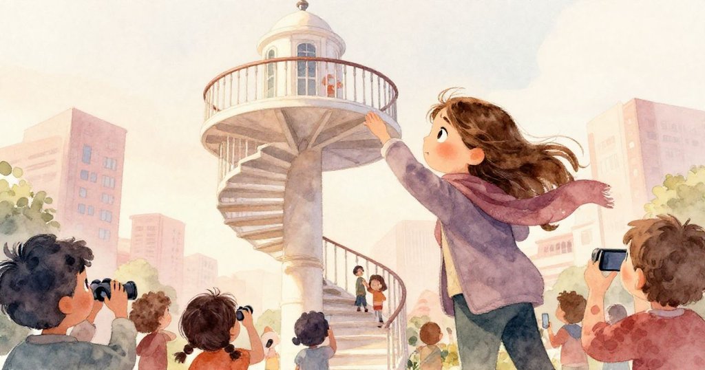 瑪麗斯攀登螺旋樓梯於山頂觀景台中，手持畫紙，周圍遊客互動、拍照，背景呈現城市屋頂與古柱。