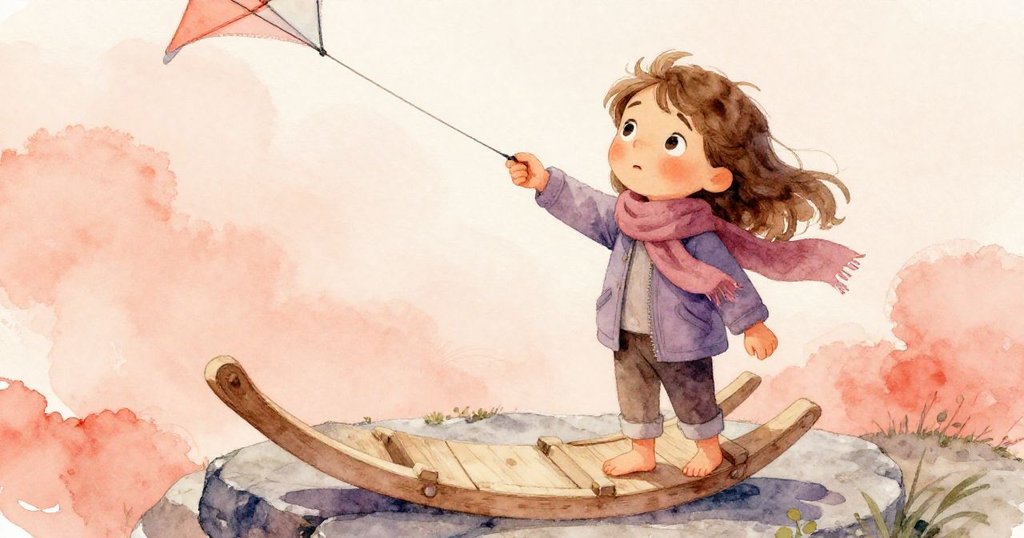 瑪麗斯站在搖晃平台上，腳步與石階互動，旁邊男孩的風箏尾拂過她的袖子，畫面充滿溫暖動感。