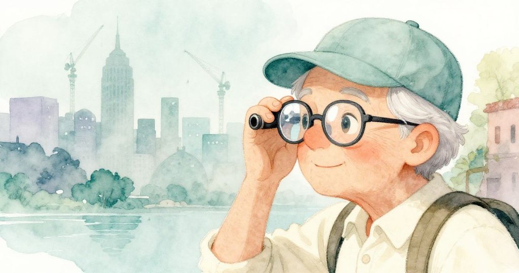 老年遊客在長椅旁操作硬幣觀景器，其玻璃內反射出城市輪廓與起重機，畫面細膩且充滿好奇。