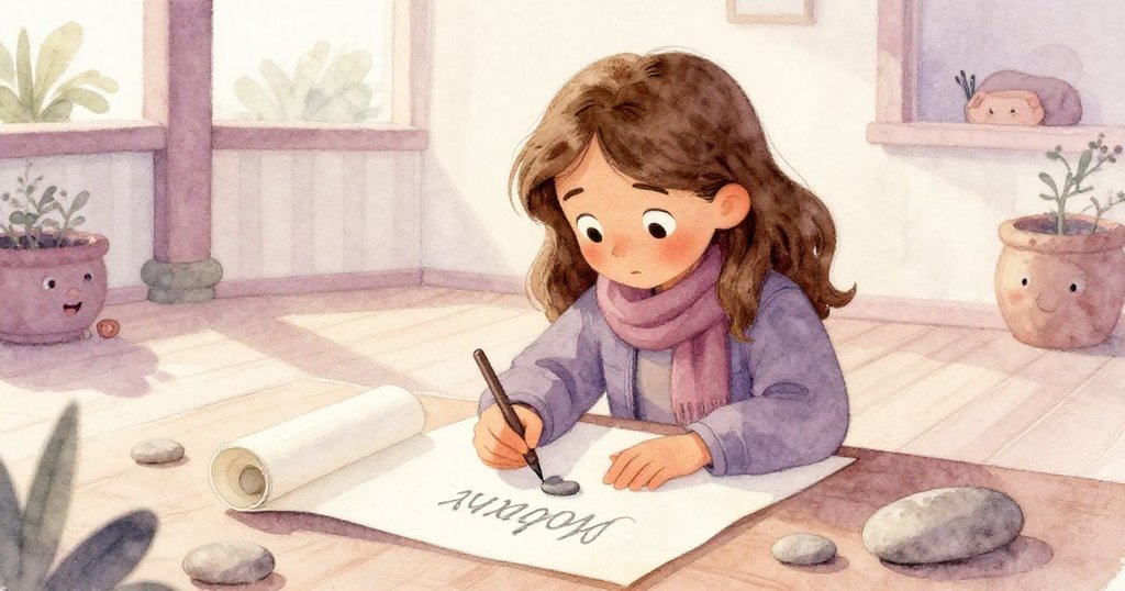 瑪麗斯在觀景台上收拾畫具，手持鉛筆穩固紙張，用卵石固定草圖，展現專注創作與環境細節。