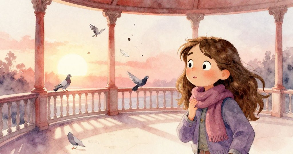 夕陽穿透雲層投射光芒，瑪麗斯驚見鴿子振翅散羽於草圖上，空曠觀景台與靜謐人群帶來詩意餘韻。