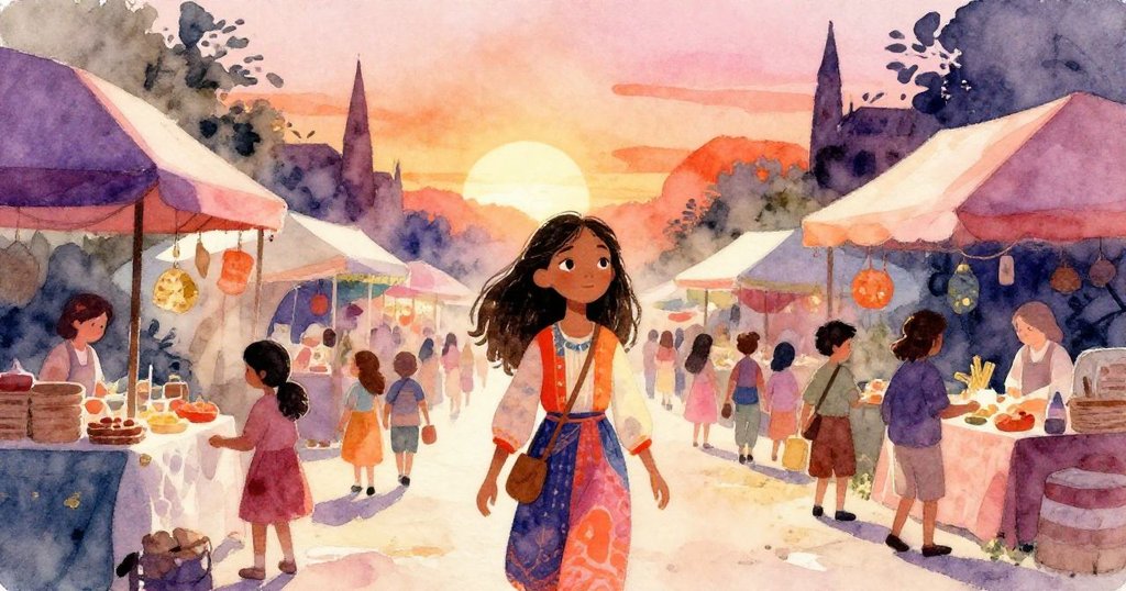 Leona 穿越熱鬧市集,臉上帶著期待與堅定,背景為陽光灑落的河邊攤位和熙攘的人群,展現故事開端。