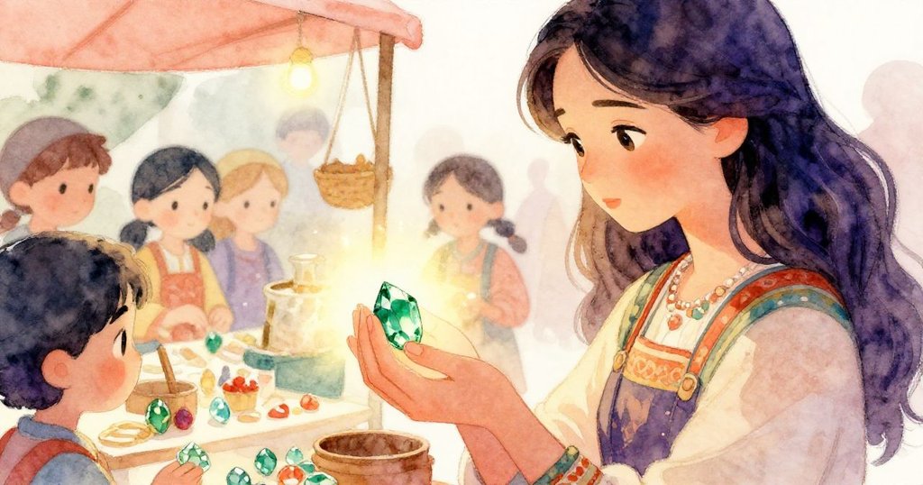 Leona 專注地端詳一塊綠色寶石碎片,手中寶石發出微光,市集背景隱約映襯出希望與珍貴。