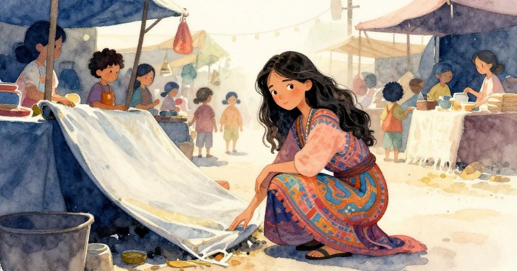 Leona 蹲下尋找隱藏在布簾下的小石頭,專注而焦急的神情映衬著市集攤位的雜亂環境,展示故事發展。