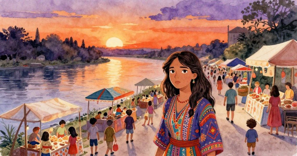 從高處觀看繁忙的市集,Leona 與行人、攤販共同構成夕陽下的動人場景,充滿溫暖人情與活力。