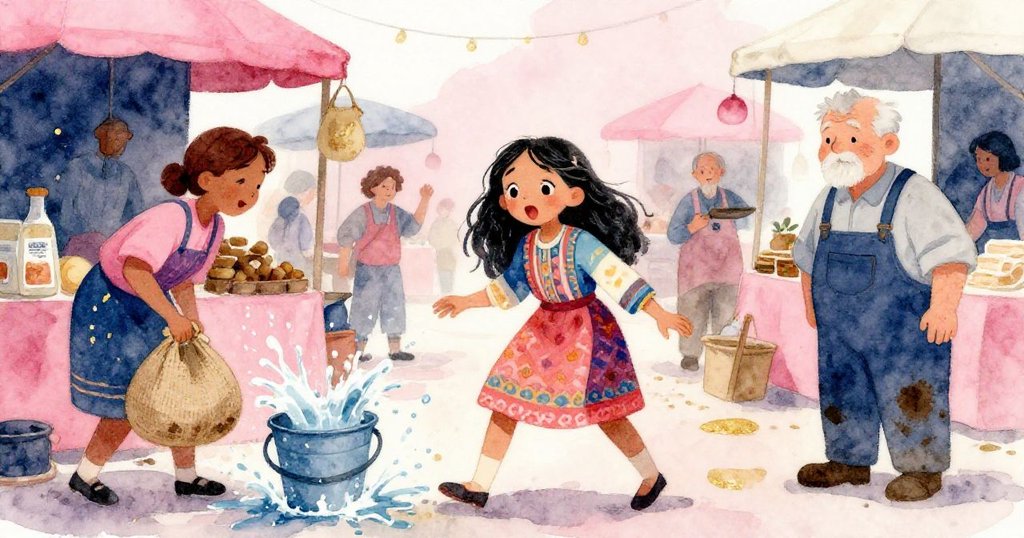 Leona 遭遇突發狀況,麻布袋甩動碰倒桶子,水花四濺,老石匠關注情勢,場景充滿緊張連鎖反應。