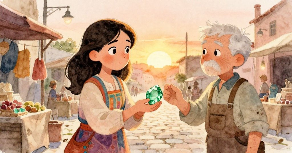 Leona 與老石匠交易後,懷抱著恢復的綠寶石碎片走出市集,夕陽灑在鵝卵石上,回歸平靜的結局。