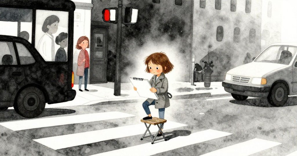 Mara在城市十字路口旁擺放摺疊椅並展開畫本，捕捉中午耀眼光線，表情專注期待創作展開。