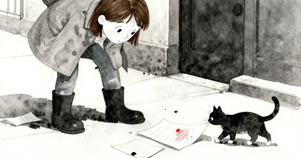 Mara的靴子伸向落地的炭筆和紙張，流浪貓輕推紙張，街區質感明顯，動感中透露著一絲驚訝。