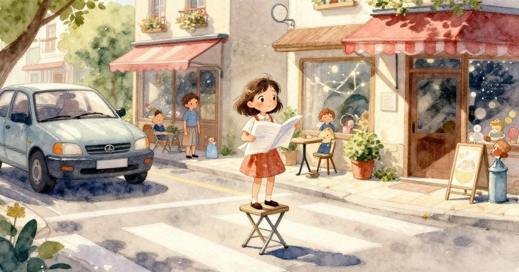 Mara從視角發現流浪貓輕踏摺疊椅，新畫紙上留下爪痕，背景人流模糊，情緒驚訝充滿意外之美。