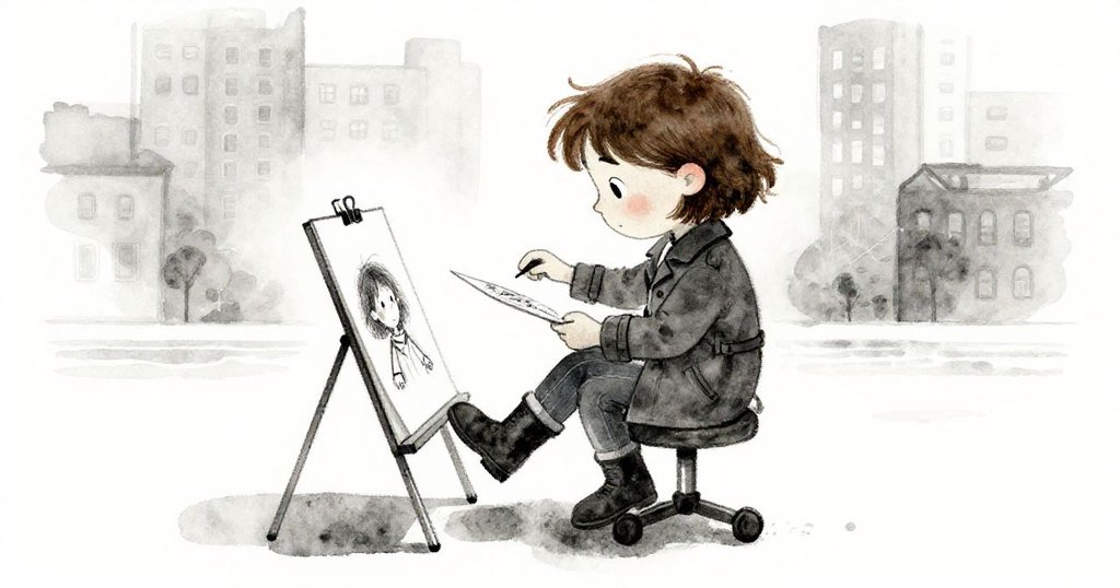 在人潮暫歇時，Mara用靴子扶正搖晃椅子，專注檢視被爪痕點綴的畫紙，城市一角顯得難得平靜。