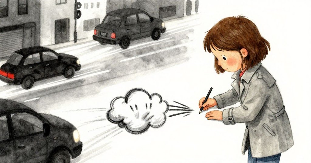 車流與公車劃過形成動態光軌，Mara聚精會神描繪畫紙上爪痕幻化成雲朵，都市節奏與藝術交融。