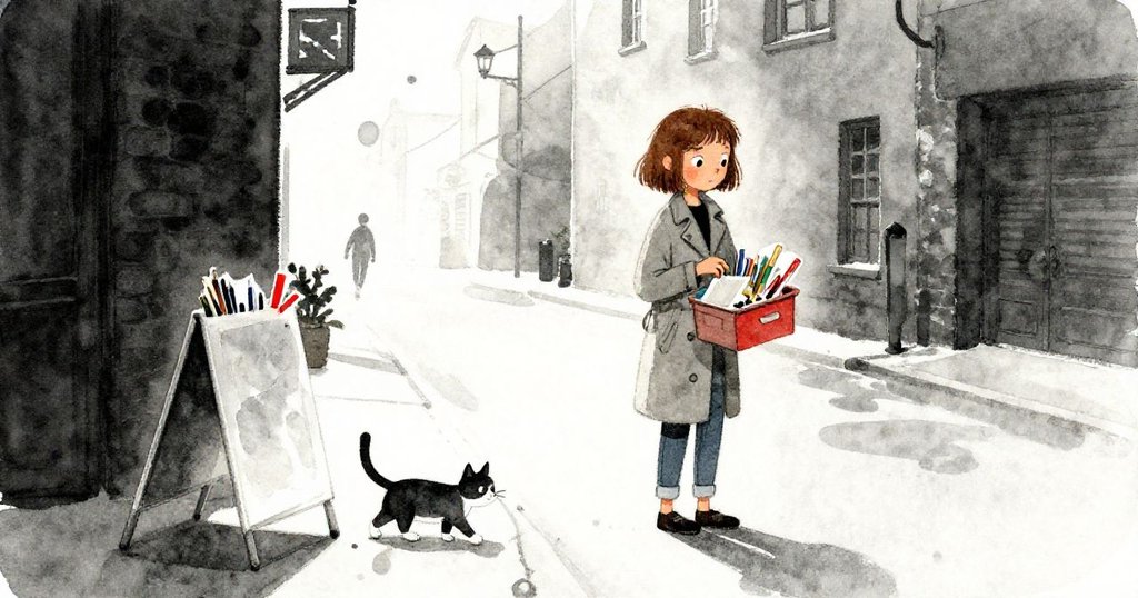 傍晚都市中，Mara收拾畫具，流浪貓悄躍報攤後隱去，街角靜謐中流露著期待下一次驚喜的故事。