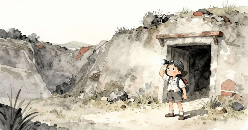 黎拉在古老採石場入口調整頭燈，初曦微光中她神情專注，傾斜角度營造冒險氛圍，背景石頭與遠處草原隱約可見。