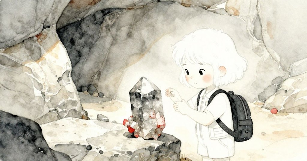 黎拉在採石場中細看風化石英塊，手觸古舊石牆，呈現層次歷史感與探險精神，背景顯示歲月痕跡。