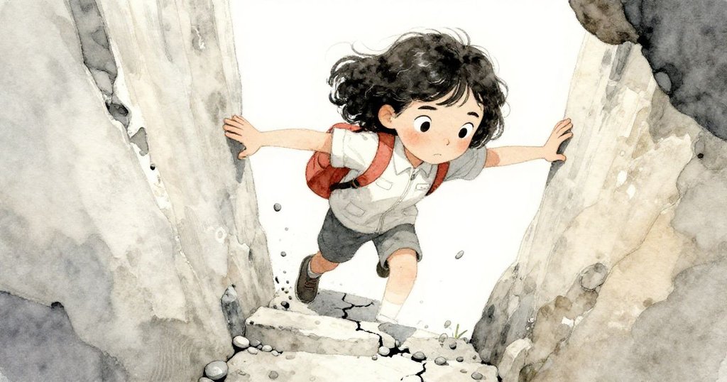 黎拉以扭曲視角下小心踏過破碎石階，腳下鬆散砾石飛揚，手扶粗糙牆面，神情專注且充滿動感。