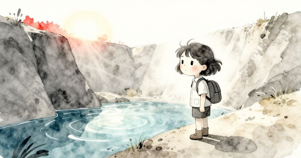 黎拉於採石場邊緣停步凝望透明水池，晨光透過水面反射出夢幻光芒，整個場景充滿寧靜溫暖感。