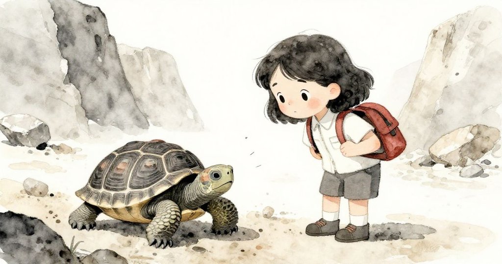 黎拉溫柔照顧驚嚇的玳瑁龜，輕扶滾動石英塊，表情關懷，採石場背景散發歷史感與自然光影。