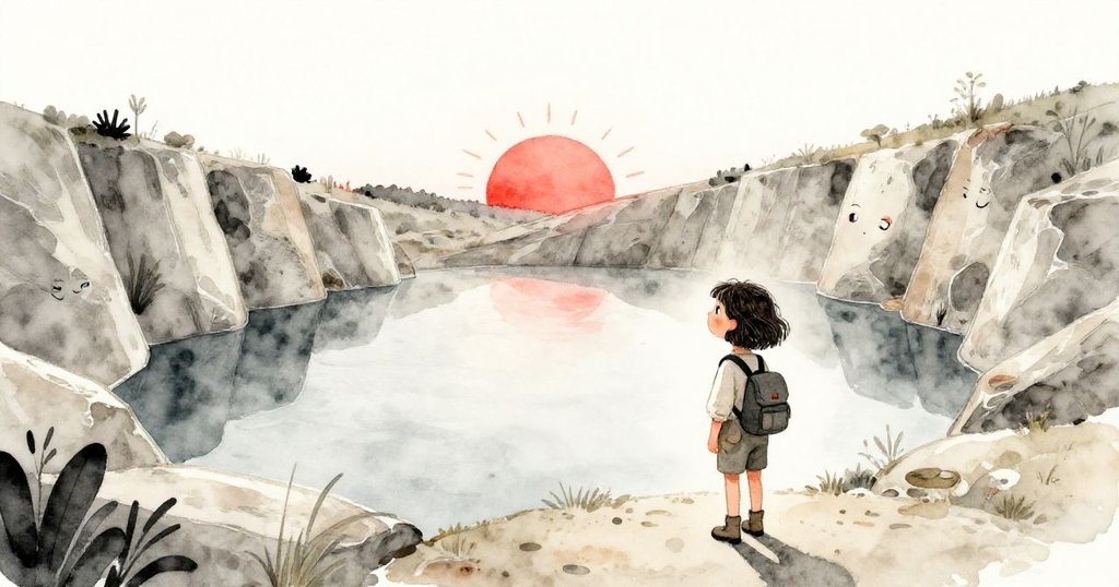 黎拉站在採石場邊緣，眺望廣闊新路，朝陽映照水池，滿懷希望與堅定迎向未來冒險旅程。