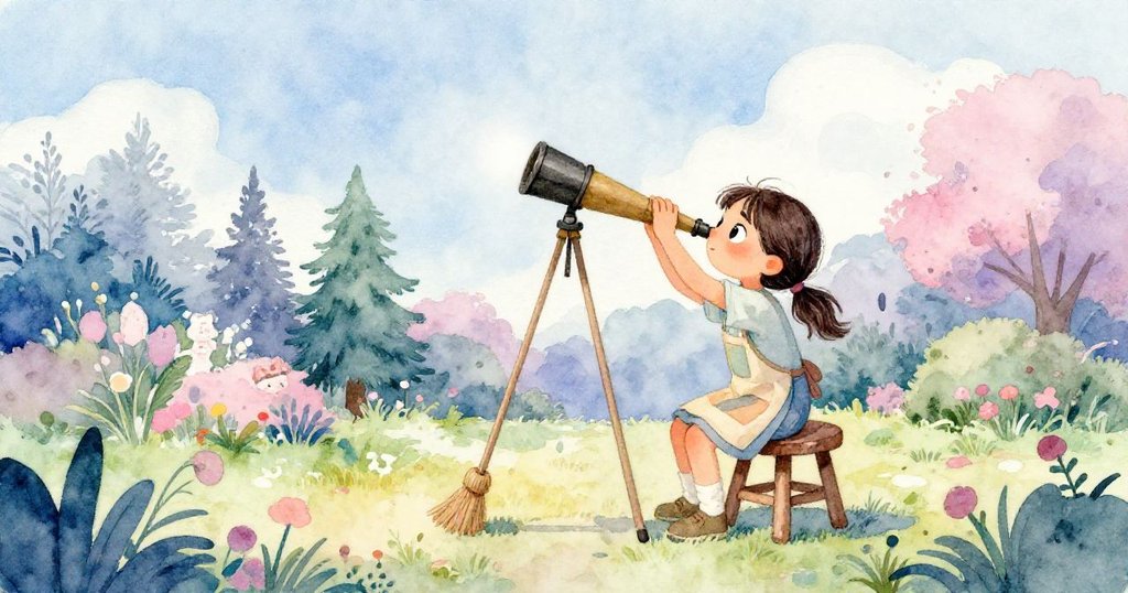瑪拉在晚夏微光中在花園排列自製望遠鏡,動作專注場景溫馨充滿希望與準備開始科學挑戰