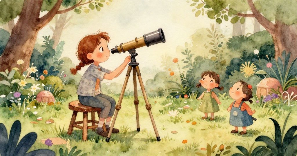 瑪拉正專心調整望遠鏡,手部細節突出,漫畫書夾在板凳下,展現智慧與用心準備工作