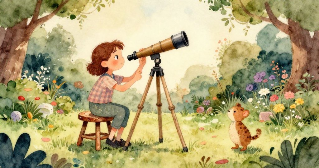 透過扭曲視角看見瑪拉的望遠鏡與漂動的雲彩,畫面抽象夢幻帶點不確定卻充滿探索感