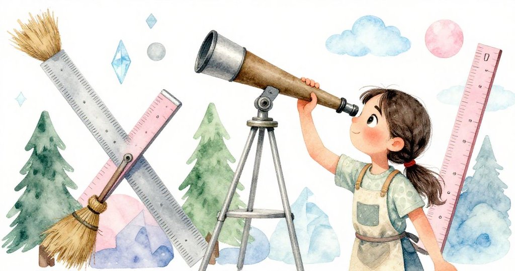 瑪拉在超現實空間中調整傾斜的望遠鏡裝置,場面角度扭曲充滿急切與決心