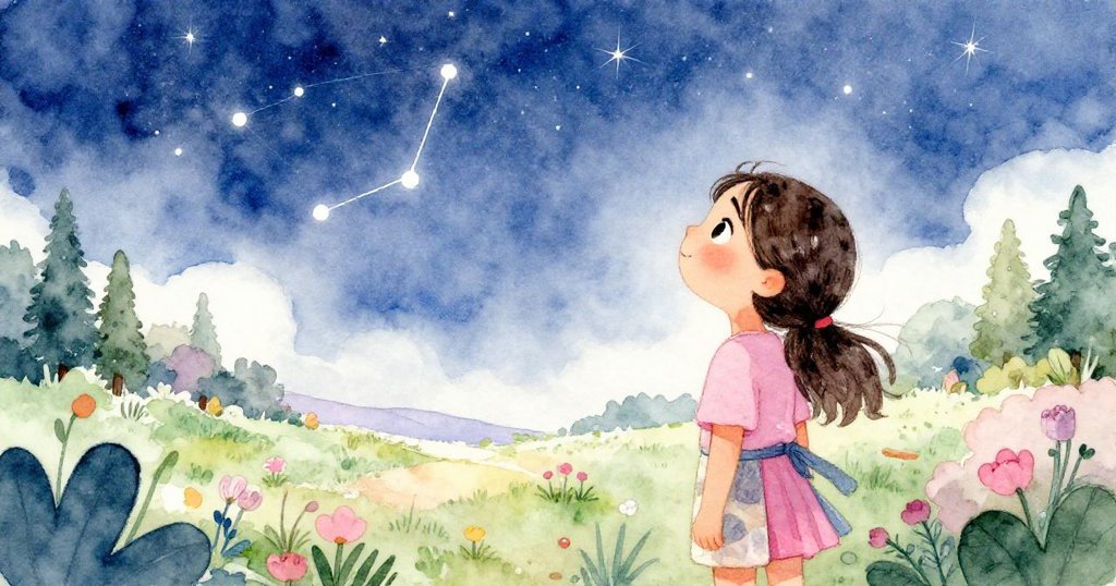 瑪拉在夜空下望向遠方,望遠鏡穩固並顯現出獵戶星座光輝,臉上滿懷勝利與未來希望