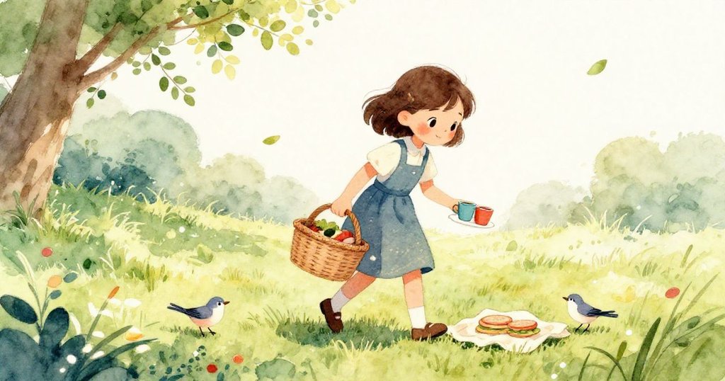 莉拉專注地以柔和手勢擺放杯子和三明治，特寫展示野餐布的細膩紋理，環境溫暖展開冒險。