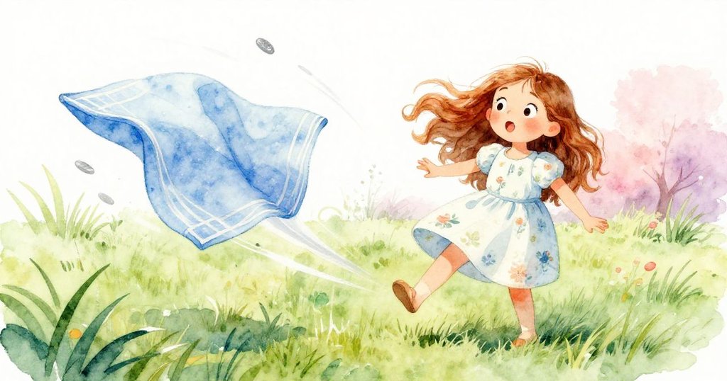 忽然間微風吹起藍色餐巾在空中旋轉，莉拉驚訝觀看，傾斜角度展現草地動感與劇情轉折。