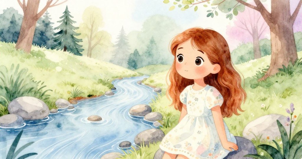 莉拉在公園一隅靠近閃亮溪流與圓潤石塊前停下，靜聽樹間柔和嗡嗡聲，神情專注體驗新空間。