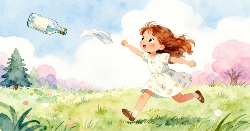 莉拉奮力追逐在草地上飛舞的餐巾，急促奔跑中不慎掉落水瓶，動感十足展現活力與冒險精神。