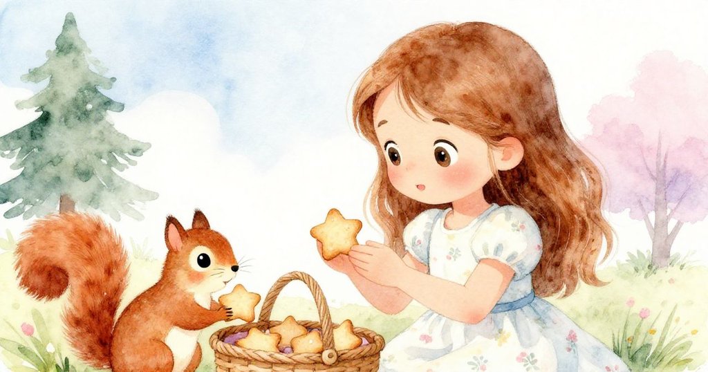 莉拉溫柔地撿起靠近好奇松鼠的星形餅乾，再放回安靜野餐籃中，神情平和展現結局的溫馨與穩定。