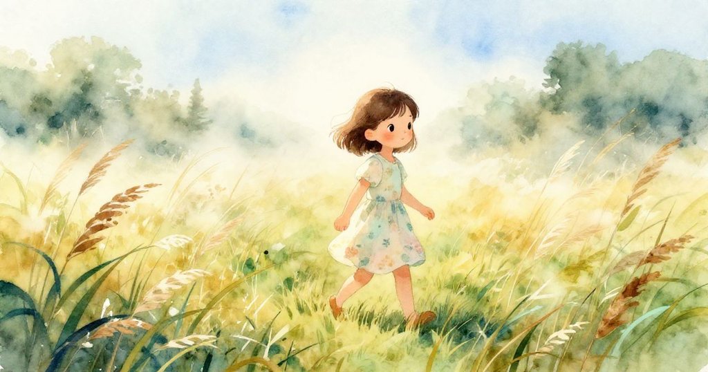 Sofia 穿越清晨薄霧中的草原，輕柔的高草掠過她的小腿，陽光溫暖，神情期待。