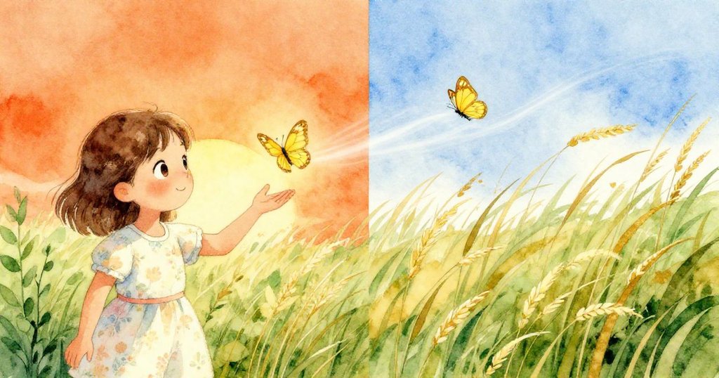 Sofia 舉手向蝴蝶求近，畫面分割展示她伸展手臂與風起草動的雙重瞬間，神情專注且溫暖。