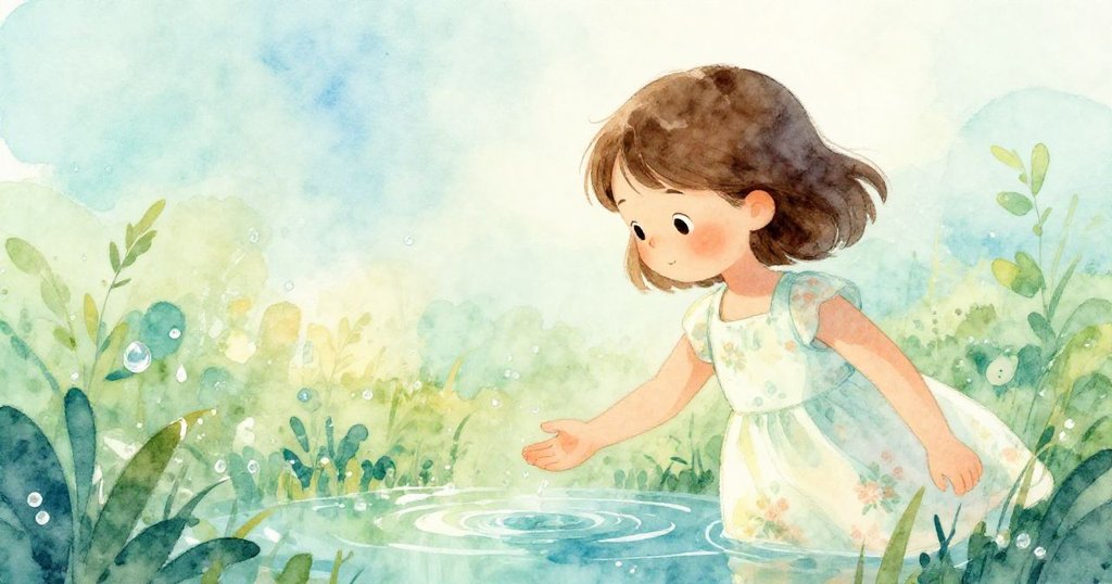 Sofia 靜靜放下伸出的手，彷彿置身水下夢幻草原中，光影柔和，微風吹拂，呈現夢幻氛圍。