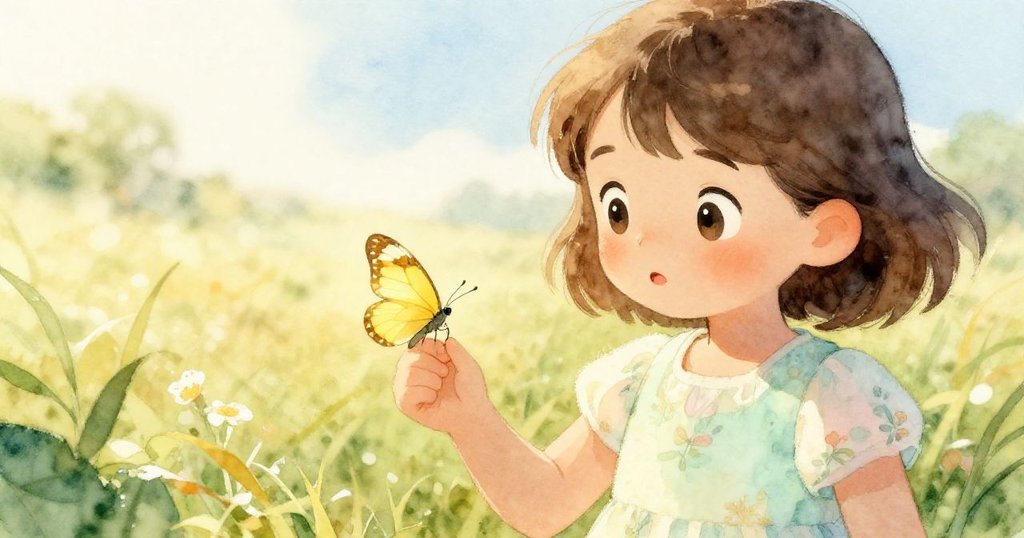 Sofia 望向袖上剛落的蝴蝶，蝴蝶靜靜展翼閃光，她神情好奇且充滿決心，用溫柔擁抱那美妙瞬間。